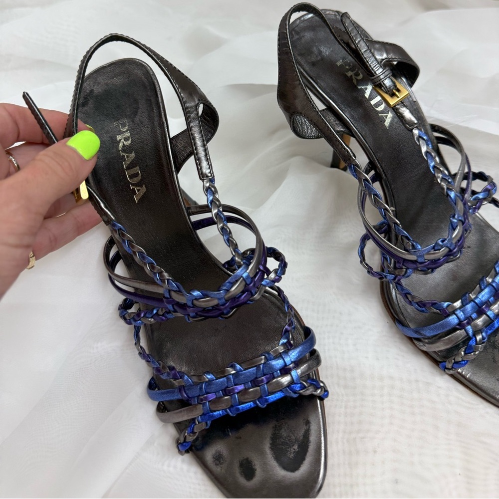 PRADA BRAID STRAPPY OPEN TOE HEELS SIZE 36 BLUE SILVER PURPLE - Picture 3 of 6